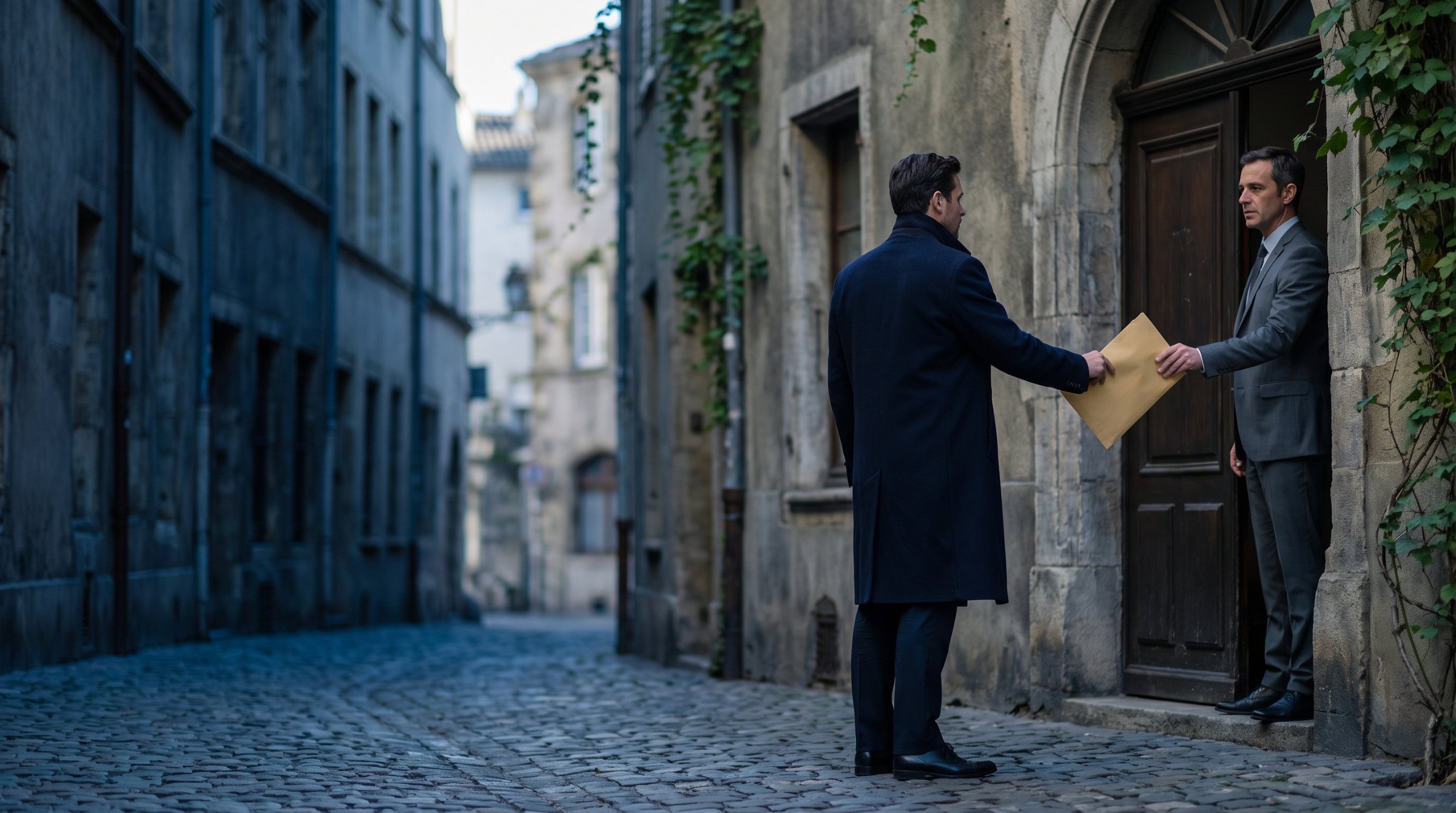 Process server handing legal papers to a man at an office doorway in Europe